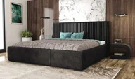 Łóżka - Łóżko tapicerowane AGMAT WOOD z wezgłowiem, 160 x 200 cm, łóżko podwójne z podstawą łóżka i metalową ramą z listew, tkanina welurowa: czarna - miniaturka - grafika 1