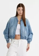 Kurtki damskie - Stradivarius Jeansowa kurtka bomber  Niebieski denim M - miniaturka - grafika 1