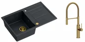 Zlewozmywaki z baterią - Quadron Zlewozmywak granitowy jednokomorowy 78*50*22 cm z ociekaczem MORGAN 111 BLACK DIAMOND ze złotym odpływem z baterią MARILYN Q LINE z wyciąganą wylewką kolor złoty - miniaturka - grafika 1