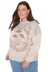 Trendyol Damska bluza z okrągłym dekoltem jednokolorowa, regularna, plus size, BEŻOWY, 3XL duże rozmiary - Bluzy damskie - miniaturka - grafika 1