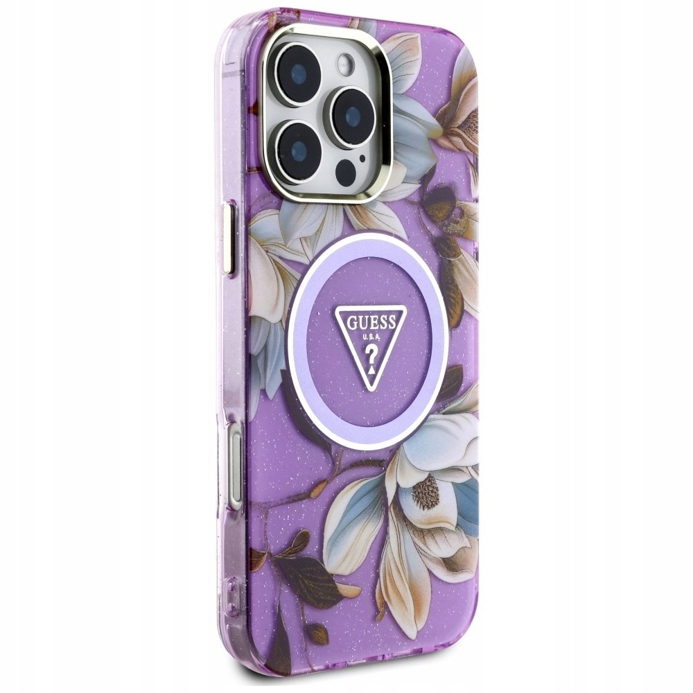 Guess Etui Glitter Flowers Triangle Buttons do MagSafe do iPhone 16 Pro, fioletowe z kwiecistym wzorem