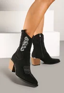 Botki damskie - Czarne Botki w Stylu Kowbojek Vices na Stożku Ozdobione Haftem Xalfedi - miniaturka - grafika 1