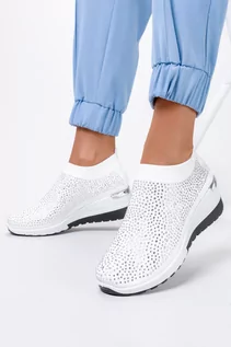 Slip on damskie - Białe sneakersy na koturnie z cyrkoniami buty sportowe slip on Casu SJ2139-2 - grafika 1