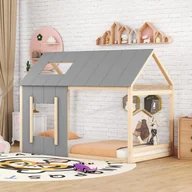 Łóżka dla dzieci i młodzieży - Łóżko dziecięce Fortuna Lai 90x200 z zabezpieczeniem przed wypadnięciem i stelażem z listew, łóżko dziecięce w kształcie domu, lite drewno sosnowe - łóżko domowe dla dzieci, chłopców, dziewczynek, łóżko dziecięce, łóżko podłogowe, natura + szary - miniaturka - grafika 1