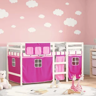 vidaXL Dziecięce łóżko na poddaszu z zasłonami Różowe 90x200 cm lite drewno sosnowe - Łóżeczka i kojce - miniaturka - grafika 1