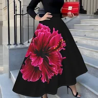 Spódnice - TEMU Elegancka i modna spódnica damska z dużym różowo-czerwonym kwiatowym nadrukiem na czarnym tle - miniaturka - grafika 1