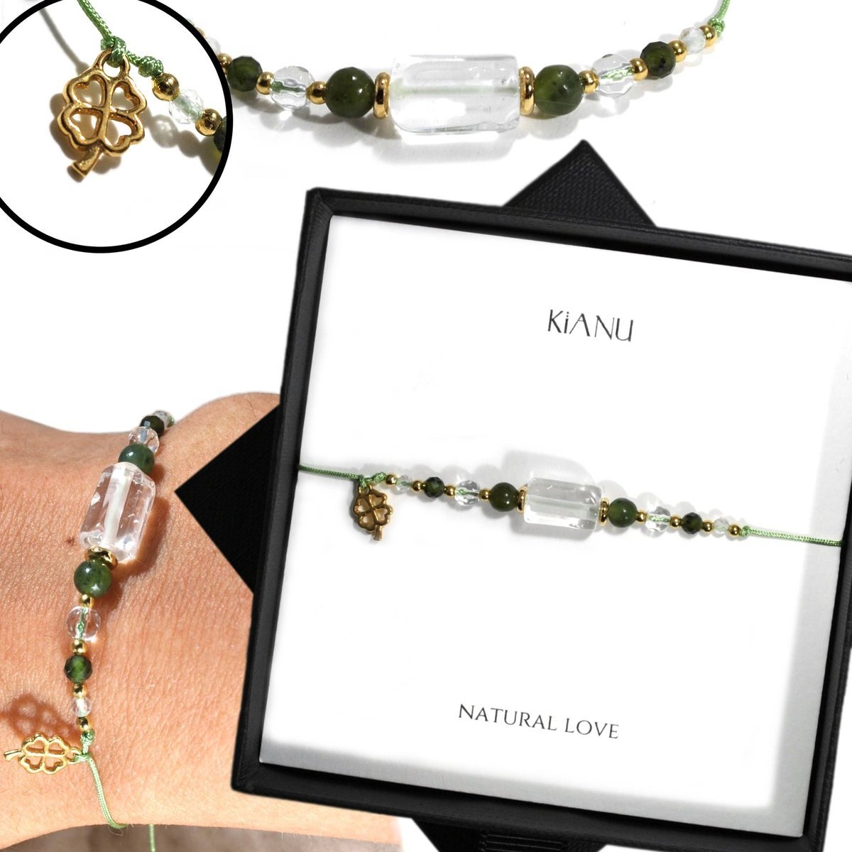 Bransoletka KiANU Jadeit Kryształ Kamień Księżycowy Srebro 925 Prezent Dla Kobiety Żony Mamy