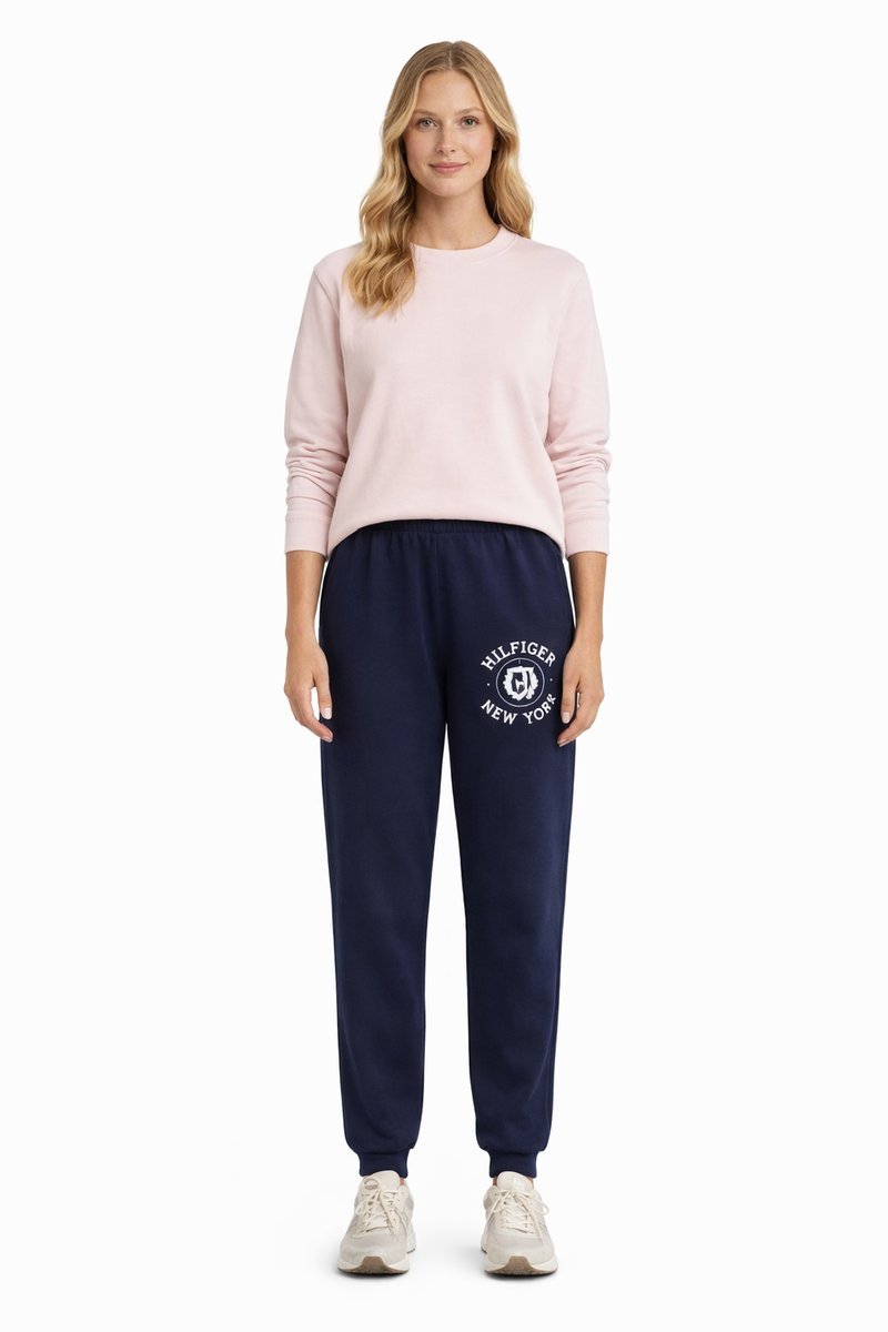 TOMMY HILFIGER GRANATOWE DRESOWE SPODNIE Z NADRUKIEM L I3A