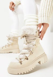 Beżowe Botki Traperki z Ozdobnym Sznurowaniem i Kożuszkiem Godhilde - Botki damskie - miniaturka - grafika 1