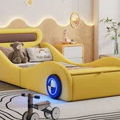 Łóżka dla dzieci i młodzieży - Łóżko dziecięce 90x200cm - tapicerowane łóżko w kształcie samochodu z podświetlanymi kołami - Żółty - miniaturka - grafika 1