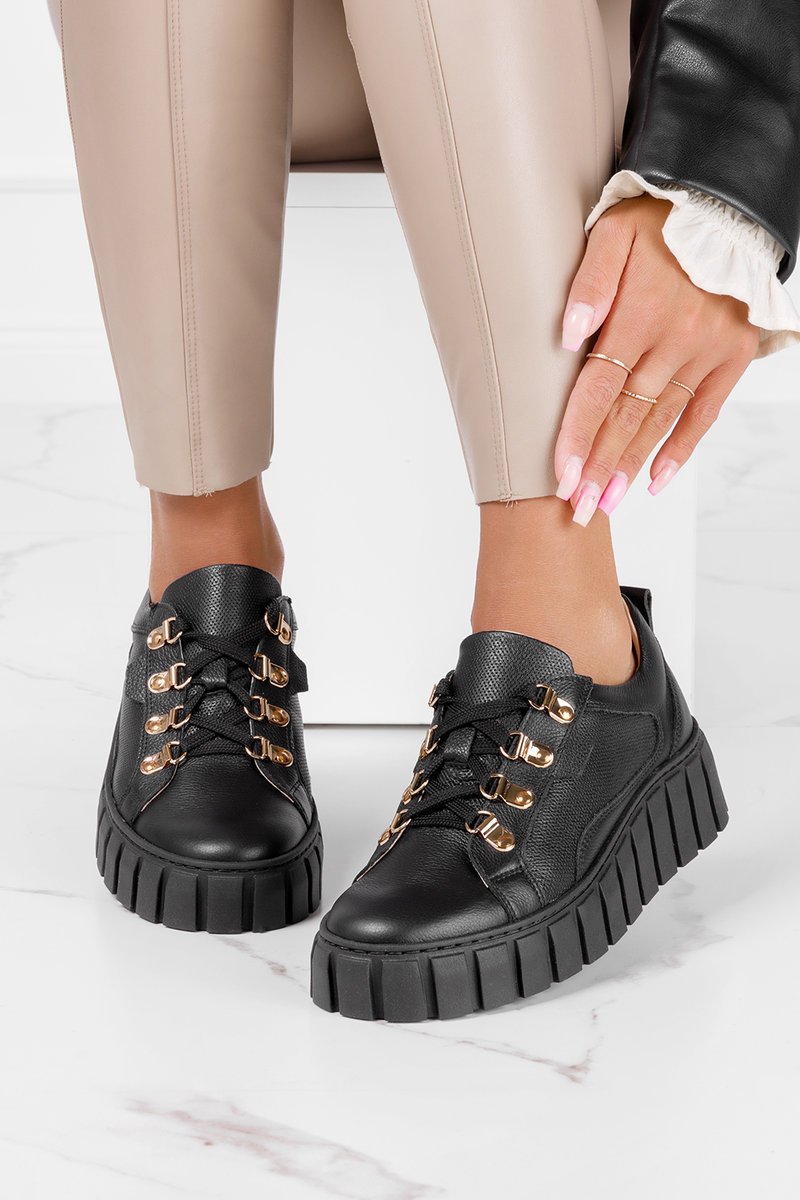 Czarne trampki creepersy na platformie sznurowane POLSKA SKÓRA Casu 005-38