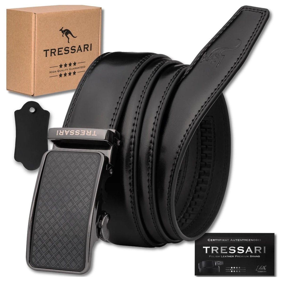 TRESSARI męski pasek do spodni automatyczny skóra naturalna czarny 125cm