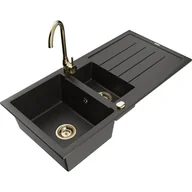 Zlewozmywaki z baterią - Mexen Andres zlewozmywak granitowy 1,5-komorowy z ociekaczem i baterią kuchenną Telma, czarny/złoty - miniaturka - grafika 1