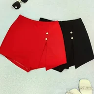 Spódnice - TEMU 2 szt. Modne damskie czerwone i czarne Bodycon Shorts z detalami guzikowymi - Elegancki rozcięcie w talii, idealne na wiosnę/leto, odzież - miniaturka - grafika 1