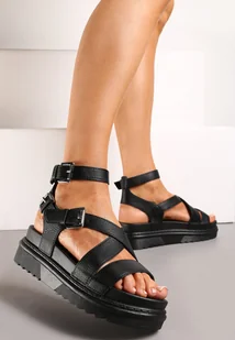 Czarne Sandały na Niskiej Platformie z Zapięciem Wokół Kostki Biunne - Sandały damskie - miniaturka - grafika 1