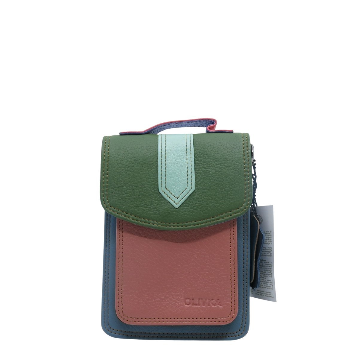 Torebka na telefon skórzana damska listonoszka z rączka i szlufką OLIVKA