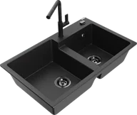 Zlewozmywaki z baterią - Mexen Tomas zlewozmywak granitowy 2-komorowy z baterią kuchenną Flora, czarny/srebrny metalik - 6516-73-670401-70-B - miniaturka - grafika 1