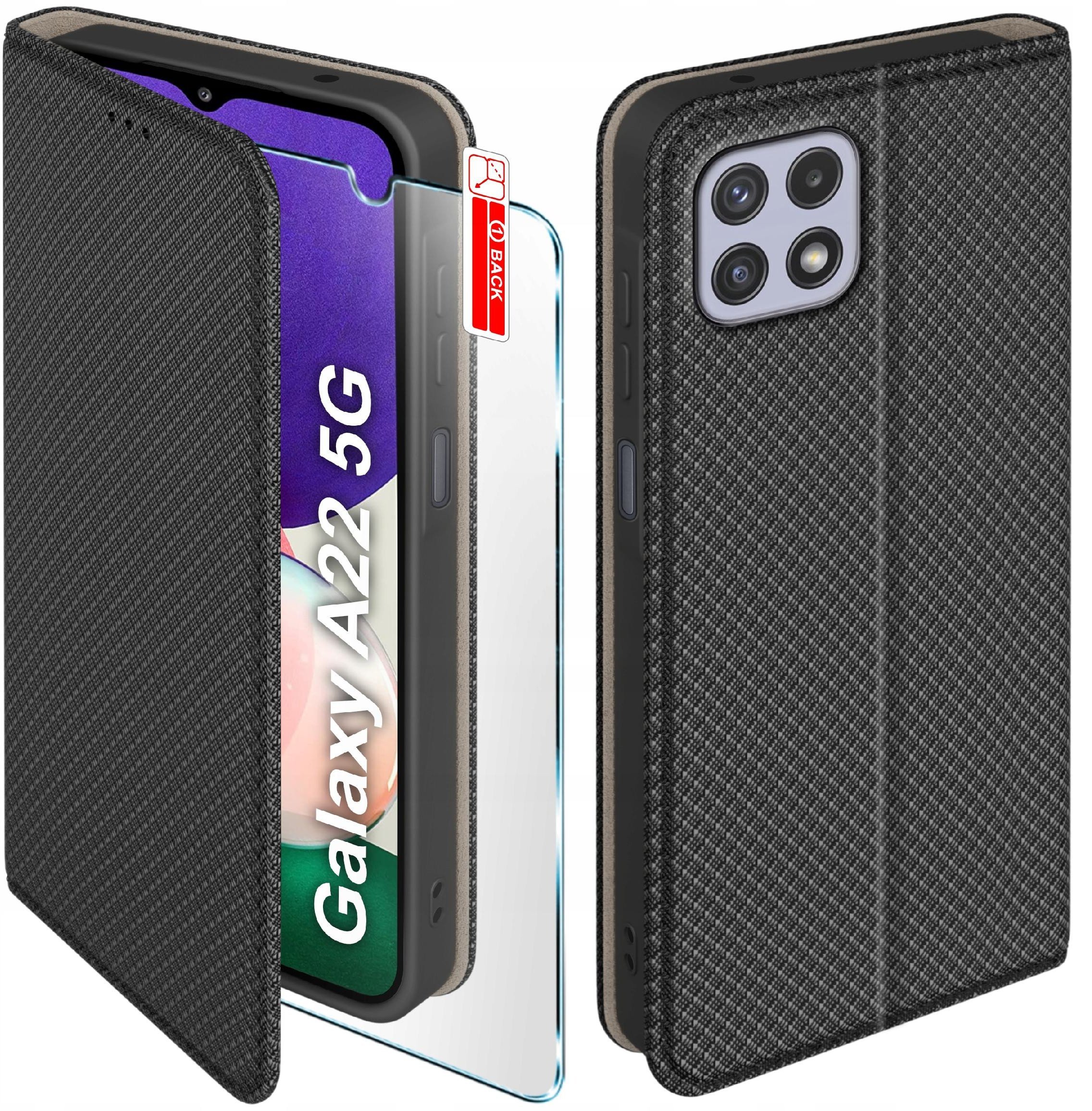 Etui z klapką do Samsung A22 5G Zamykane Czarne Futerał + Szkło 9H