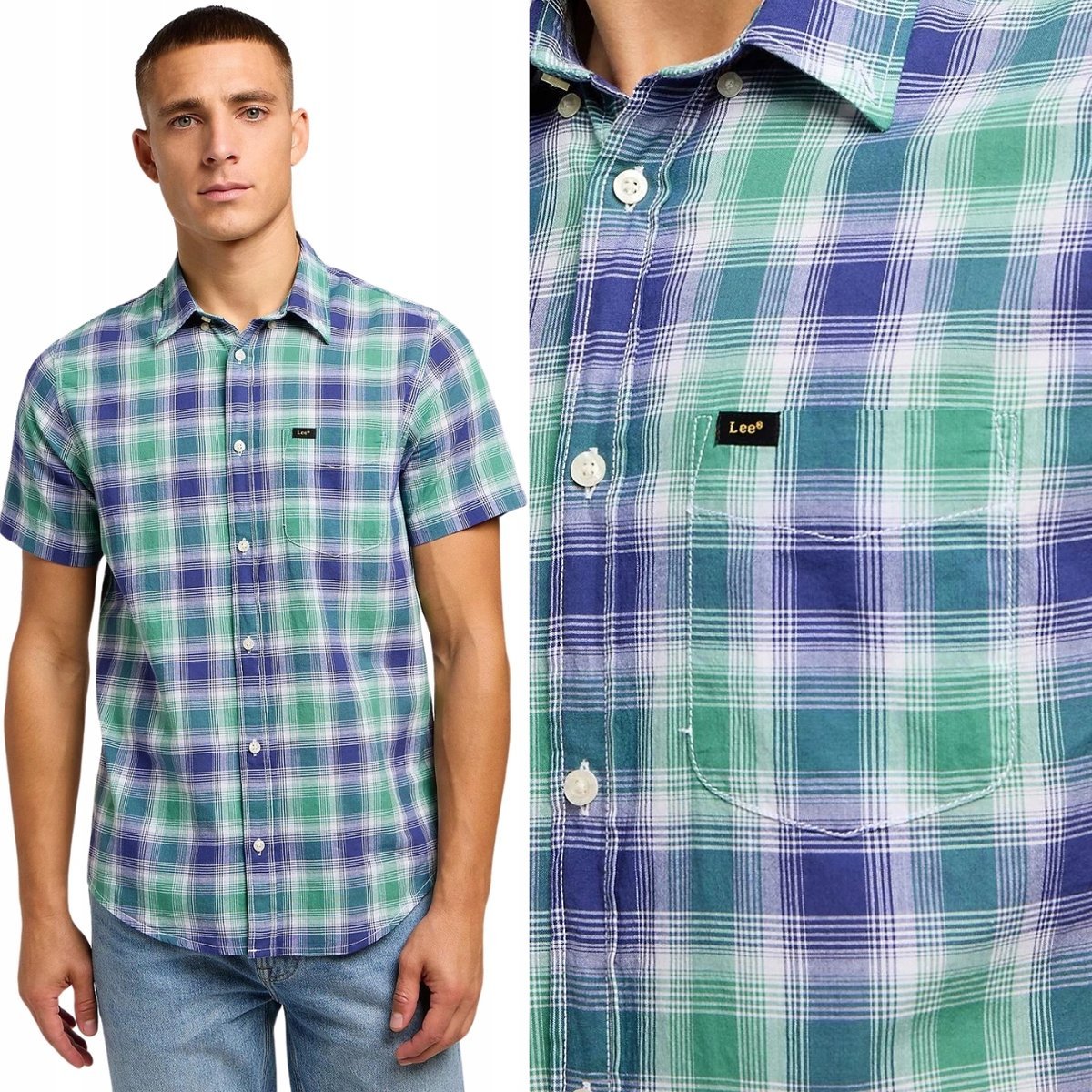 Lee BUTTON DOWN SS Dandy Green KOSZULA W KRATĘ KRÓTKI RĘKAW REGULAR FIT S