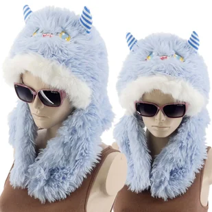 Ciepła Zimowa Czapka Damska Z Futerkiem Niebieska Mordka Rogi Zwierzak - Czapki damskie - miniaturka - grafika 1