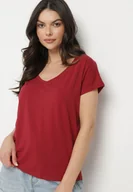 Koszulki i topy damskie - Bordowy Bawełniany T-shirt z Trójkątnym Dekoltem Linarosea - miniaturka - grafika 1