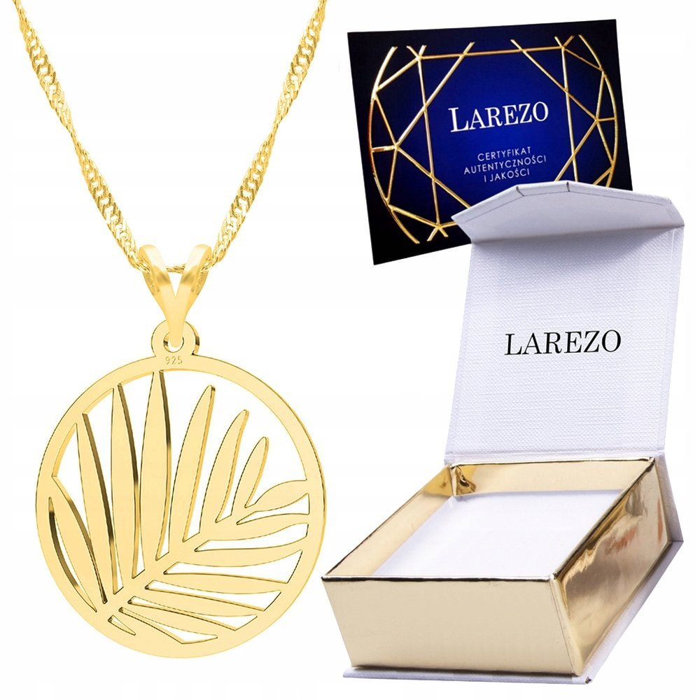 Piękny Złoty Naszyjnik 925 Kółko z Liściem Palmy Liść Listek Pozłacany 24K