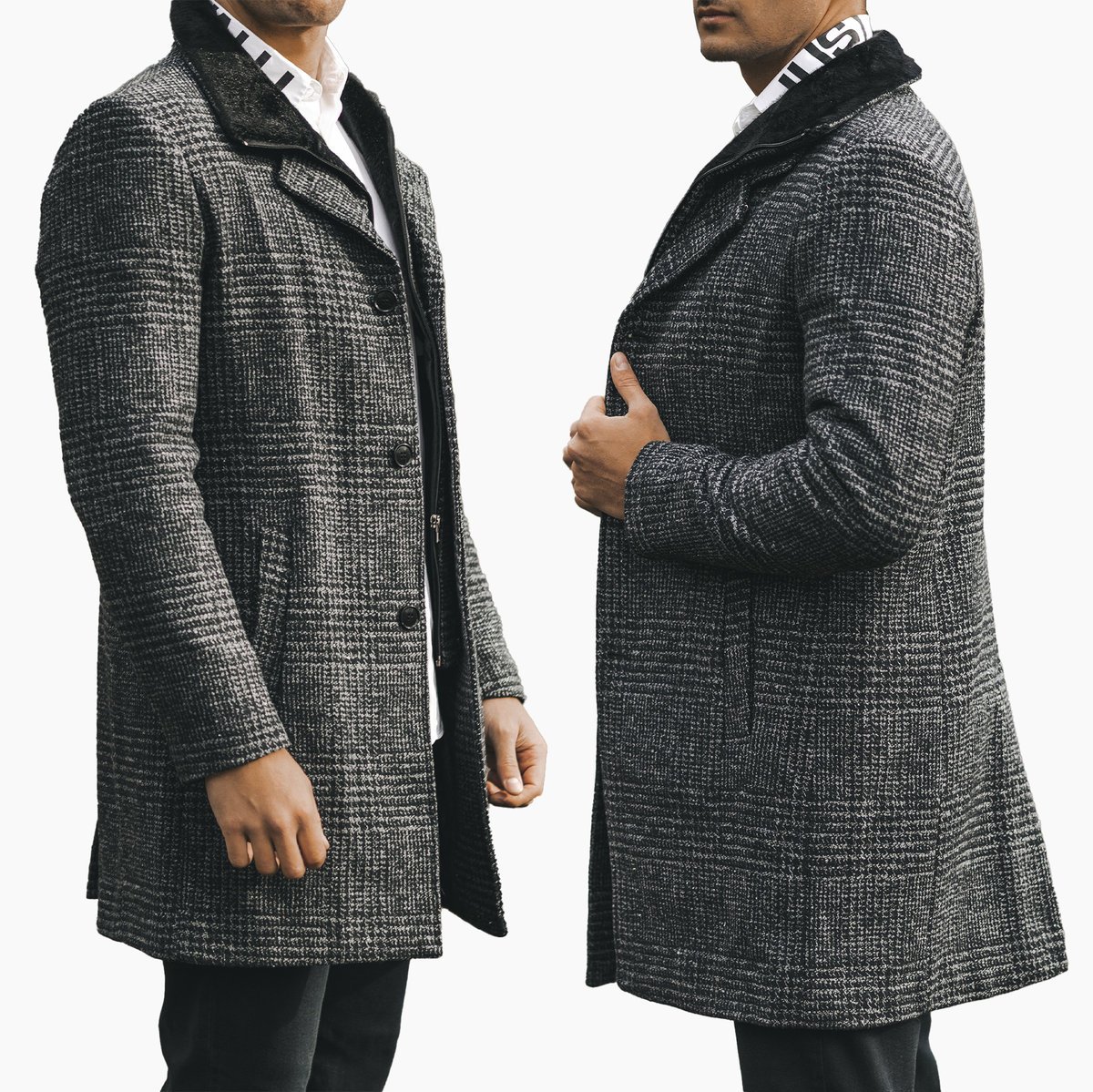 Płaszcz Męski Długi Elegancki Kratka Szary 58