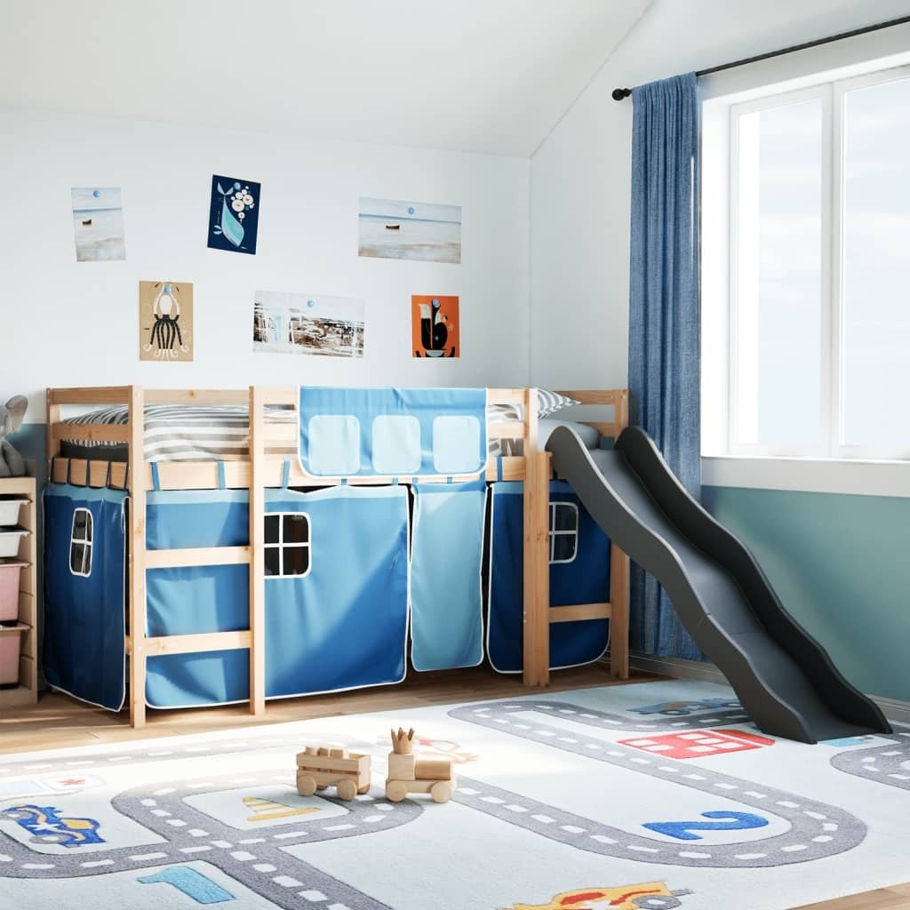 Dziecięce łóżko na poddaszu z zasłonami Niebieskie 80x200 cm lite drewno sosnowe