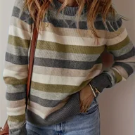 Swetry damskie - TEMU Elegancki Sweter Damski w Paski Beżowo-Brązowe - Miękki Sweter z Okrągłym Dekoltem i Długim Rękawem, Casual do Eleganckich Stylizacji, - miniaturka - grafika 1
