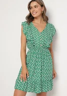 Sukienki - Zielona Rozkloszowana Sukienka z Bawełny w Kwiaty z Guzikami Ronelle - miniaturka - grafika 1