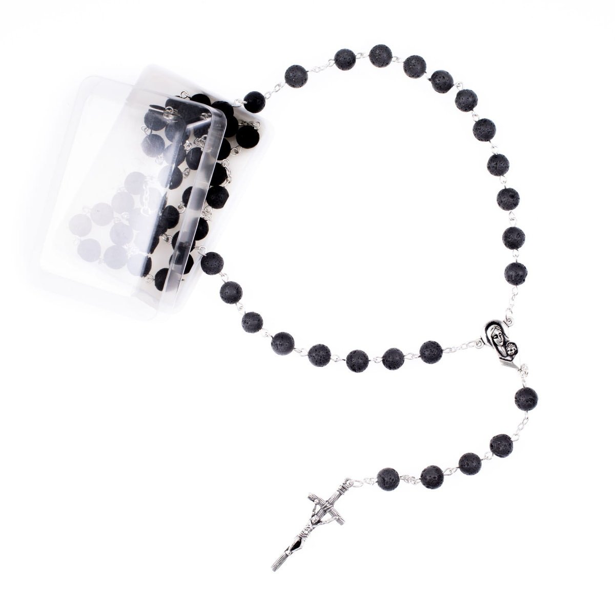 Pamiątka Sakramentu RÓŻANIEC z LAWY WULKANICZNEJ lawa wulkaniczna kamień naturalny pudełko na różaniec MĘSKI RÓŻANIEC czarny RÓŻANIEC..