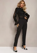 Komplety damskie - Czarny Koronkowy Komplet 2-Częściowy ze Spodniami z Luźną Nogawką i Bluzką z Wycięciami Gerja - miniaturka - grafika 1