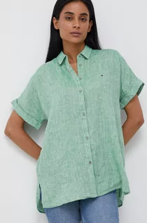 Koszule damskie - Tommy Hilfiger koszula lniana damska kolor zielony relaxed z kołnierzykiem klasycznym - grafika 1