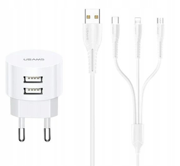 P4Y Zestaw podróżny Ładowarka + 3w1 Lightning USB-C microUSB 1m biały