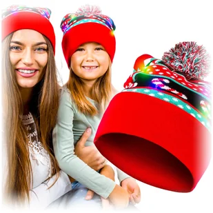 Czapka świąteczna świecąca LED z pomponem zimowa - czerwona - Czapki damskie - miniaturka - grafika 1