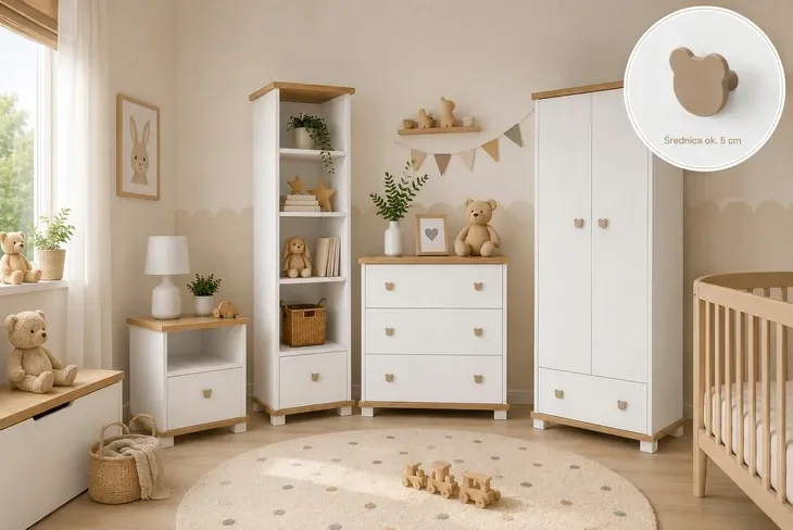 Zestaw mebli dziecięcych CLASSIC MISIE 4 el. (SZ,R,K,Sz.N) Białe/Dąb