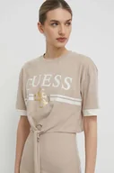 Koszulki sportowe damskie - Guess t-shirt bawełniany damski kolor beżowy - miniaturka - grafika 1