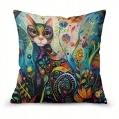 Poszewki na poduszki - Poszewka 45x45 kolorowa kot miękka flanela boho eklektyczna dla kociary - miniaturka - grafika 1