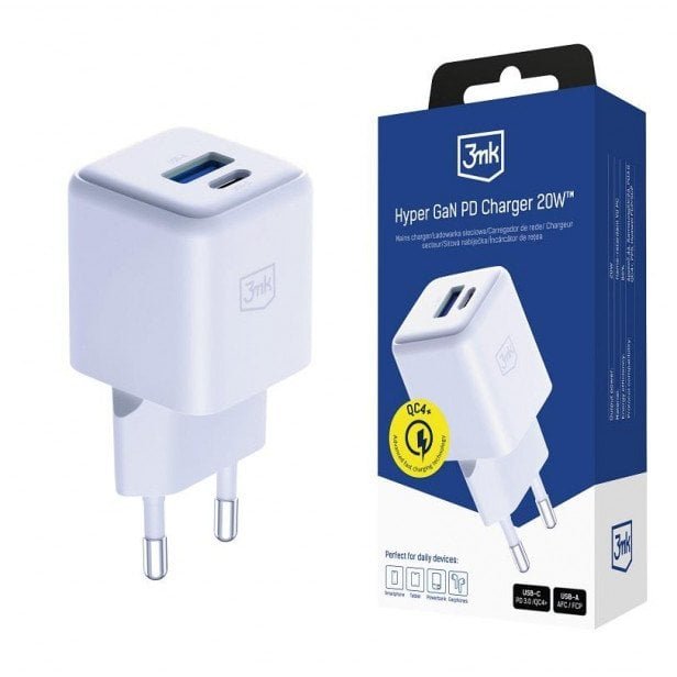 3mk pczerwonyection Ładowarka sieciowa 3mk Hyper GaN Charger 20W QC4+ PD PPS USB-C USB-A White 59031086400841