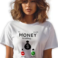 Zestawy upominkowe - BIAŁA KOSZULKA DAMSKA Krótki Rękaw MONEY IS CALLING Zabawne Wzory Rozm XL - miniaturka - grafika 1