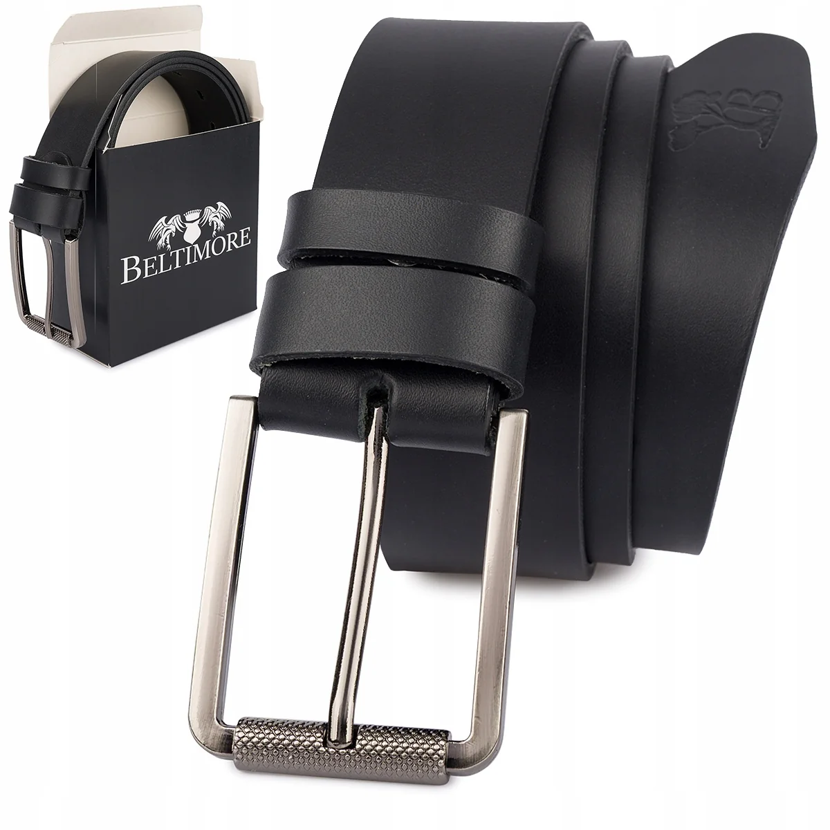 Pasek męski skórzany premium szeroki 4 cm klasyczny czarny licowy Beltimore
