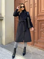 Płaszcze damskie - Płaszcz czarny zimowy wełniany z dodatkiem alpaki wiązany w talii Winter polskiej produkcji - PERFE - miniaturka - grafika 1