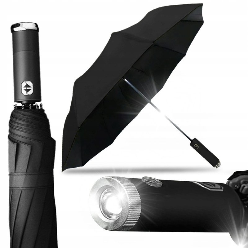 PARASOL AUTOMATYCZNY ROZKŁADANY PRZECIWDESZCZOWY PARASOLKA Z LATARKĄ LED UV