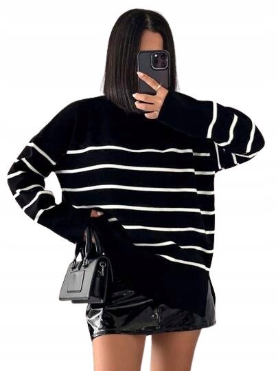 SHEIN SWETER Z DŁUGIM RĘKAWEM CZARNY W PASKI DAMSKI PROSTY 1DB