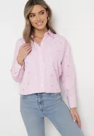 Koszule damskie - Różowa Koszula Bawełniana w Paski z Haftowanymi Serduszkami Sanileni - miniaturka - grafika 1