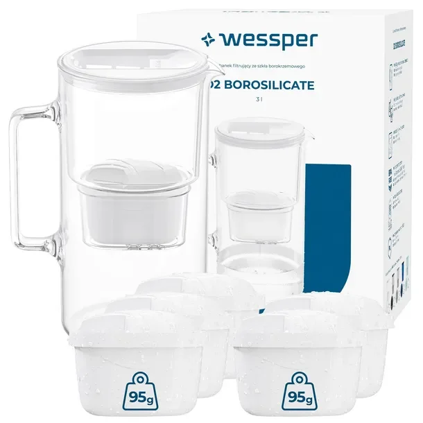 Szklany dzbanek filtrujący Wessper D2 Borosilicate 3l BIAŁY + 6x filtr