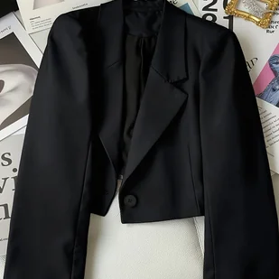 TEMU Czarna Krótka Marynarka Damska - Szykowna Marynarka do Biura i na Imprezę, Strukturalna Marynarka z Długim Rękawem dla Kobiet, Profesjonalne i - Marynarki i żakiety damskie - miniaturka - grafika 1