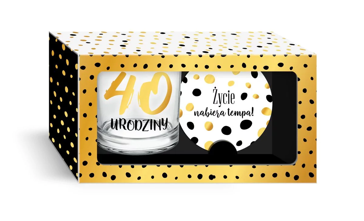 Zestaw na 40. urodziny - szklanka i podkładka "Życie nabiera tempa"