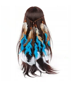 Opaska Pióropusz Indiański Indianina Indianki Pióra Włosów Boho Niebieska - Dodatki do strojów karnawałowych - miniaturka - grafika 1