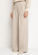 Spodnie damskie - Beżowe Szerokie Spodnie Garniturowe z Wiskozą z Zakładkami i Wsuwanymi Kieszeniami Gelobria - miniaturka - grafika 1